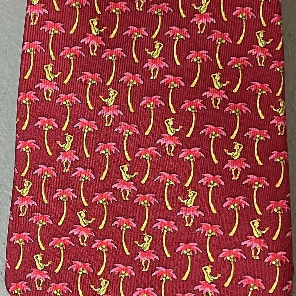 Salvatore Ferragamo Hula Girl Palm Tree‎ Silk Necktie Tiki Tie Pink Red